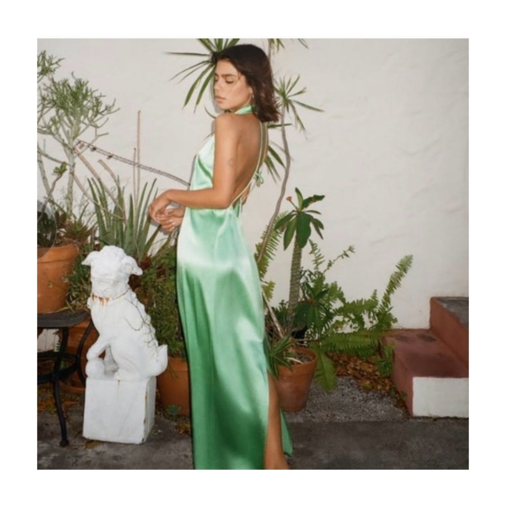Zara Satin Effect Backless Halter Dress in Light Green